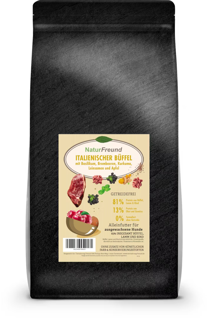 NaturFreund SUPERFOOD Italienischer Büffel mit Basilikum, Brombeeren, Kurkuma, Leinsamen und Apfel