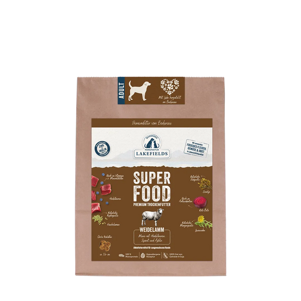 Lakefields SUPERFOOD Premium Weidelamm Komplettmenü getreidefrei Trockenfutter Hund natürlich